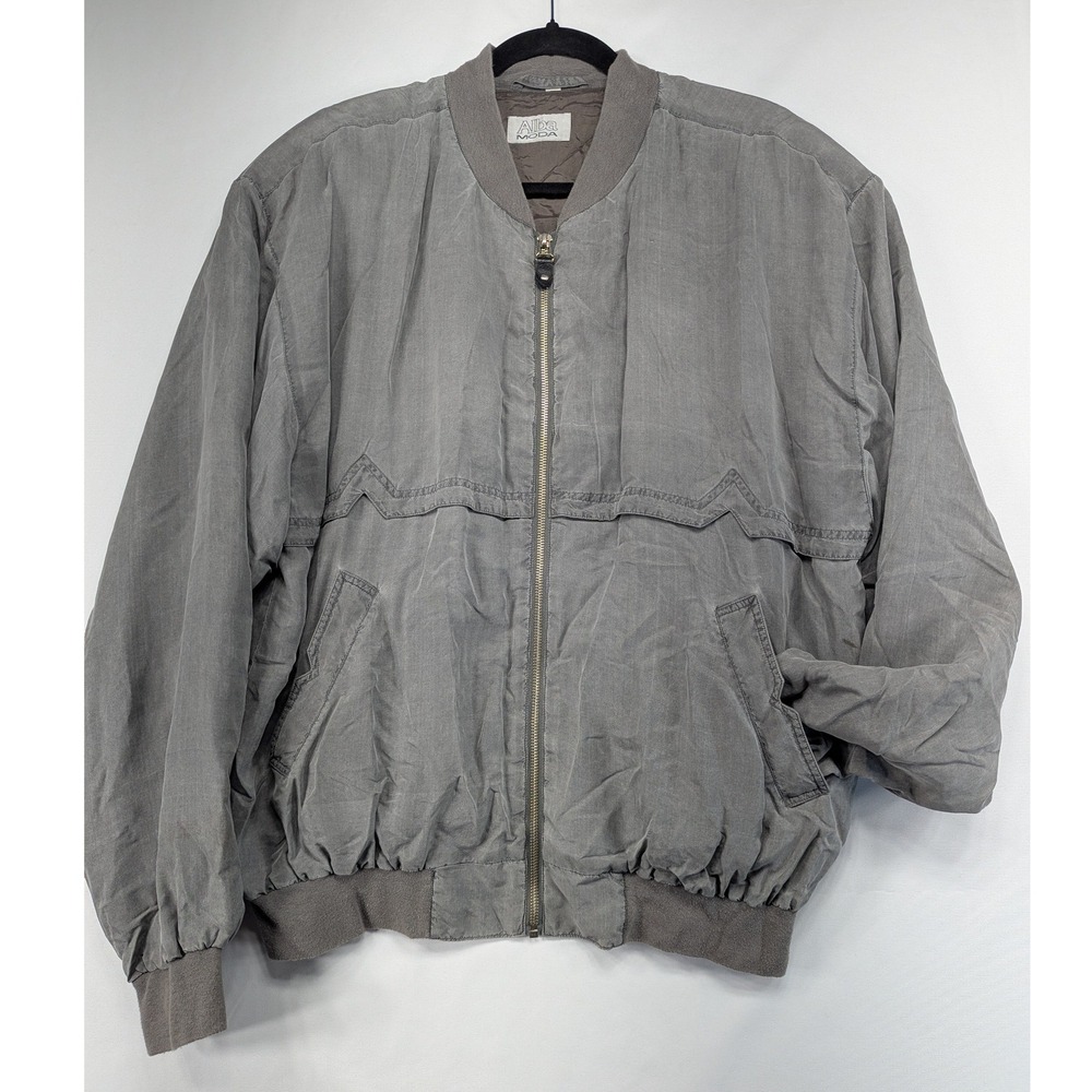 Alba Moda Vintage 100% Silk Bomber Jacket Grey Full Zip Western Stitch Size 50